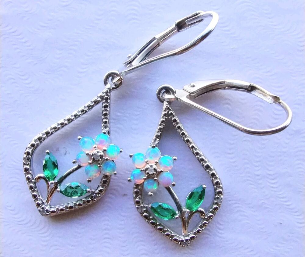 RichLine RL NEW Opal Emerald Flower 925 Sterling Silver Dangle Drop Earrings